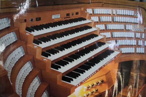 Close-up of a large organ console with numerous stops and manuals, St Lorenz Church, Nuremberg, Middle Franconia, Franconia, Bavaria, Germany