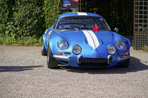 ALPINE, year of construction 1969, Oldtimer Classic, Gala International Concours d'Elegance Schwetzingen 2025, Germany, Europe, Blue Alpine Renault with white stripes, presented on a gravel surface in the sunshine