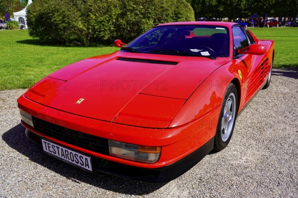 Ferrari Testarossa, year of construction 1987, Oldtimer Classic, Gala International Concours d'Elegance Schwetzingen 2025, Germany, Europe, Frontal view of a red Ferrari Testarossa on a sunny exhibition site