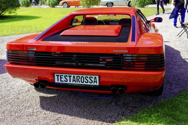 Ferrari Testarossa, year of construction 1987, Oldtimer Classic, Gala International Concours d'Elegance Schwetzingen 2025, Germany, Europe, Rear view of a red Ferrari with classic lines at an exhibition