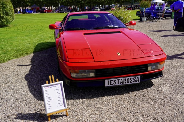 Ferrari Testarossa, year of construction 1987, Oldtimer Classic, Gala International Concours d'Elegance Schwetzingen 2025, Germany, Europe, front view of an elegant red Ferrari sports car on display