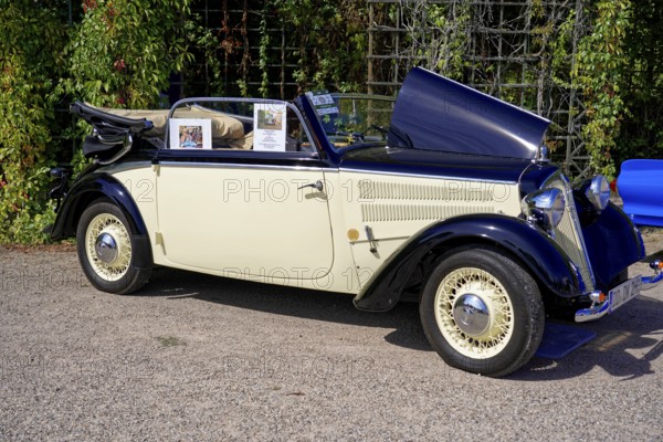 DKW, year of construction 1939, Oldtimer Classic, Gala International Concours d'Elegance Schwetzingen 2025, Germany, Europe, Classic cream-coloured convertible with open roof and restored bodywork