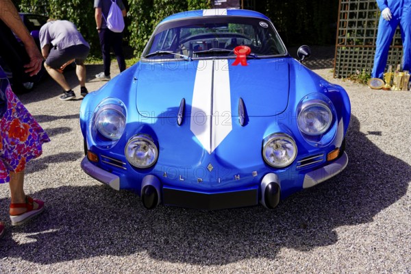 ALPINE, year of construction 1969, Oldtimer Classic, Gala International Concours d'Elegance Schwetzingen 2025, Germany, Europe, front view of a blue classic sports car with a striking design