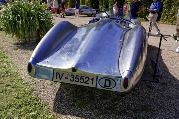 DKW, year of construction 1940, Oldtimer Classic, Gala International Concours d'Elegance Schwetzingen 2025, Germany, Europe, Silver historic racing car with elegant curves on display outdoors