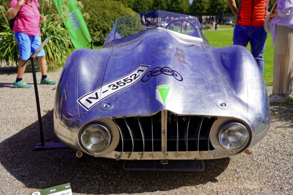 DKW, year of construction 1940, Oldtimer Classic, Gala International Concours d'Elegance Schwetzingen 2025, Germany, Europe, Silver aerodynamic classic car with retro design in the sun, surrounded by a green park
