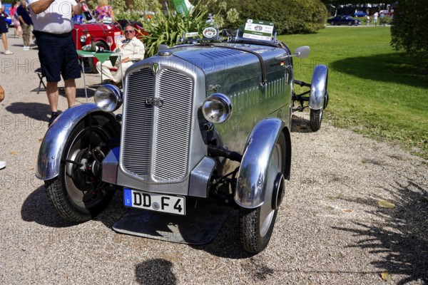 DKW, Year of manufacture 1937, Oldtimer Classic, Gala International Concours d'Elegance Schwetzingen 2025, Germany, Europe, Shiny metallic classic car at an outdoor exhibition