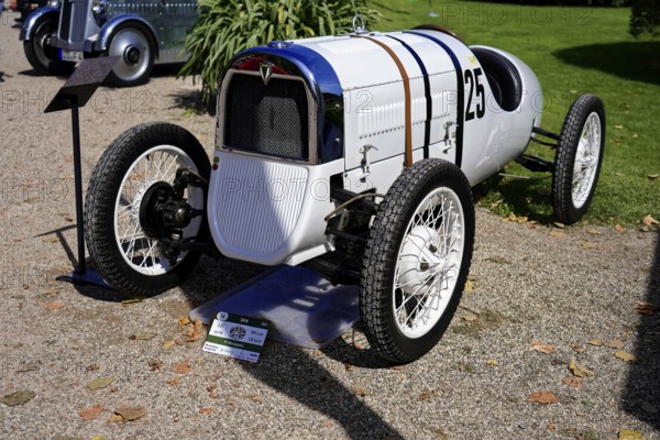 DKW, Oldtimer Classic, Gala International Concours d'Elegance Schwetzingen 2025, Germany, Europe, White historic racing car with starting number 25 at an exhibition