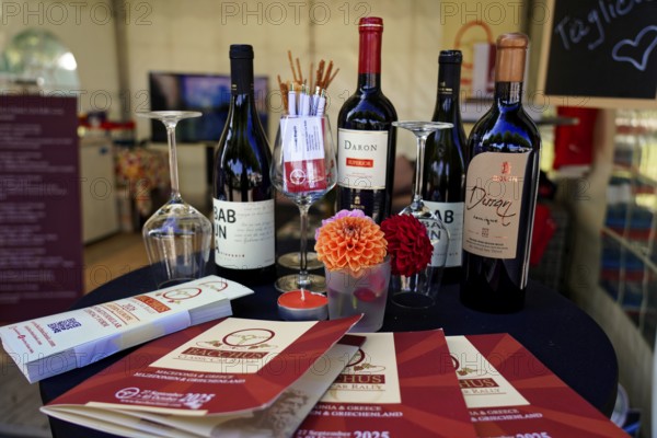 Oldtimer Classic, Gala International Concours d'Elegance Schwetzingen 2025, Germany, Europe, table with wine bottles, glasses and flyers for a wine tasting