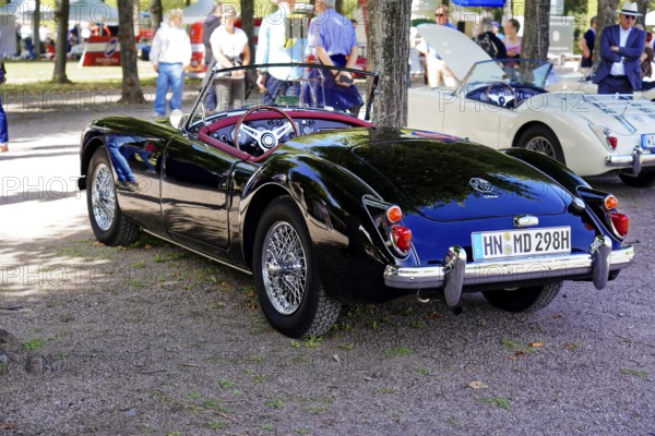 Oldtimer Classic, Gala International Concours d'Elegance Schwetzingen 2025, Germany, Europe, A black convertible vintage MG in a park with people in the background