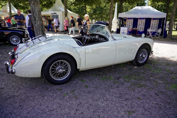 Oldtimer Classic, Gala International Concours d'Elegance Schwetzingen 2025, Germany, Europe, Side view of a white vintage MG in an exhibition in the park