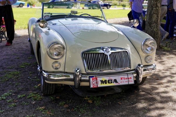 Oldtimer Classic, Gala International Concours d'Elegance Schwetzingen 2025, Germany, Europe, Front view of a white vintage MG in a park