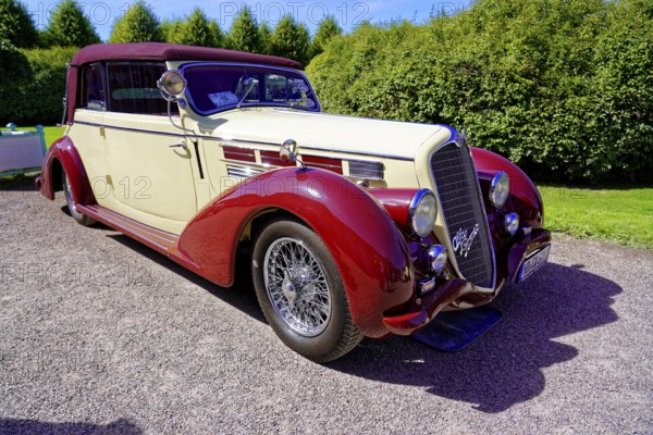 Oldtimer Classic, Gala International Concours d'Elegance Schwetzingen 2025, Germany, Europe, An elegant bordeaux red classic car stands in a meadow in the sunlight
