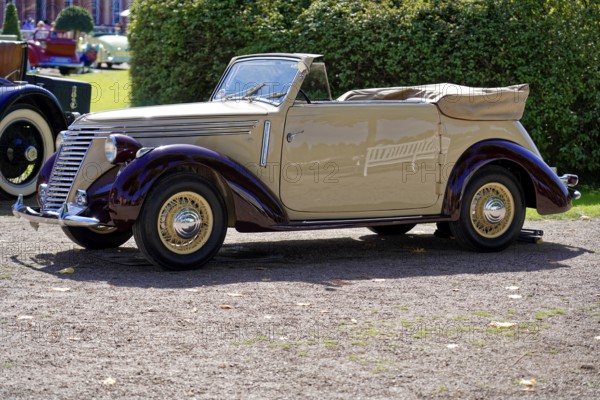 Oldtimer Classic, Gala International Concours d'Elegance Schwetzingen 2025, Germany, Europe, A beige and purple vintage convertible in sunny weather on a green area