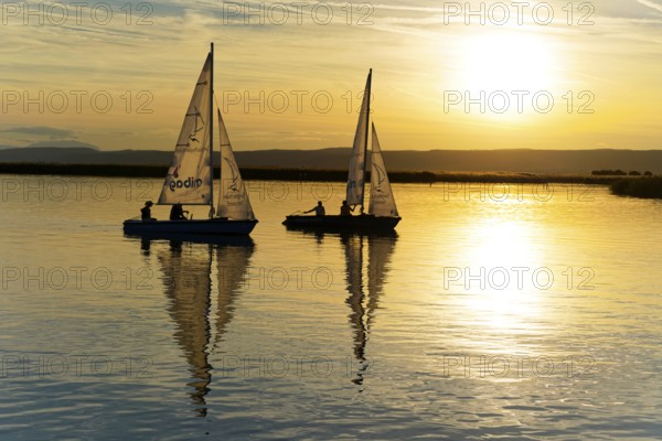 Lake Neusiedl, Burgenland, Austria, Europe, Two sailboats at sunset with reflecting golden light on calm water, Sailboats on Lake Neusiedl