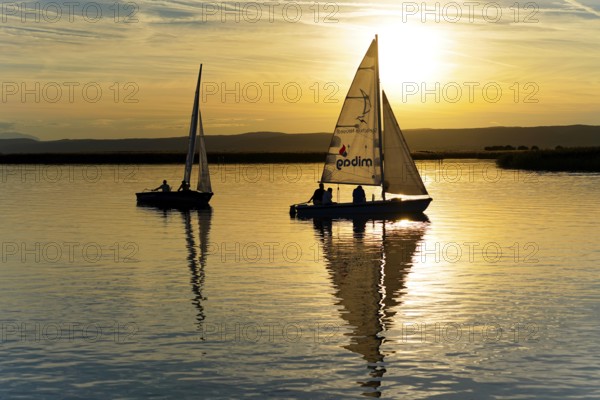 Lake Neusiedl, Burgenland, Austria, Europe, Two sailboats in the evening light with smooth water and golden sky, Sailboats on Lake Neusiedl