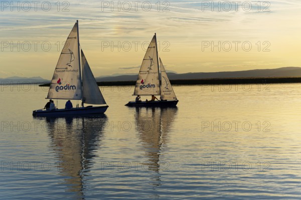 Lake Neusiedl, Burgenland, Austria, Europe, Two sailboats at sunset with soft light over calm water and sky, Sailboats on Lake Neusiedl