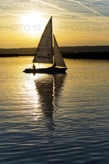 Lake Neusiedl, Burgenland, Austria, Europe, Sailboat at sunset, reflected in the water under a picturesque evening sky, Sailboats on Lake Neusiedl