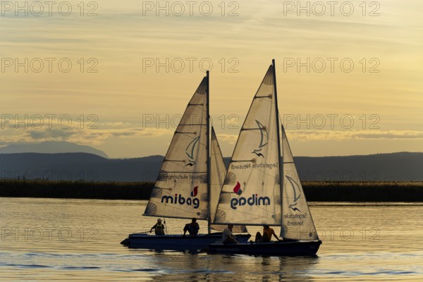Lake Neusiedl, Burgenland, Austria, Europe, Two sailing boats glide on the lake at sunset, surrounded by a gentle evening mood, Sailing boats on Lake Neusiedl