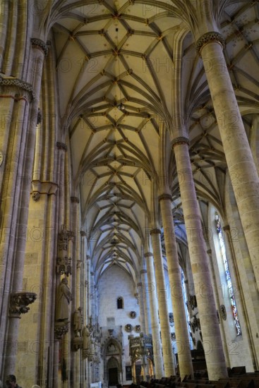 The interior of the largest Protestant church in Germany. It has the world's highest church tower, Ulm Minster, Germany, Europe, High vaulted ceiling with decorative columns in a church, Ulm