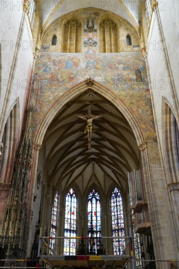 The interior of the largest Protestant church in Germany. It has the world's highest church tower, Ulm Minster, Germany, Europe, View of the nave with frescoes and stained glass windows, Ulm