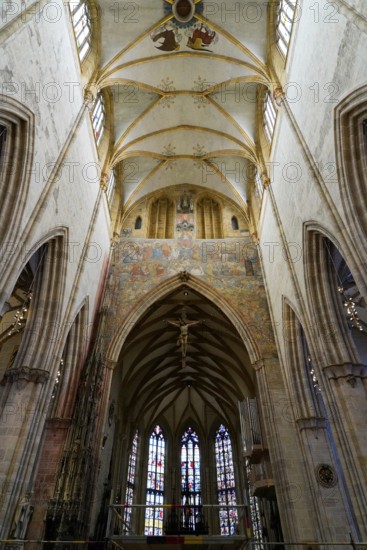 The interior of the largest Protestant church in Germany. It has the world's tallest church tower, Ulm Minster, Germany, Europe, Gothic nave with richly decorated ceilings and frescoes on the walls, Ulm