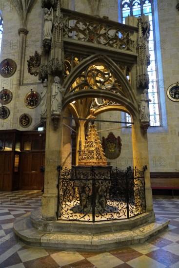 The interior of the largest Protestant church in Germany. It has the world's highest church tower, Ulm Minster, Germany, Europe, Artistic Gothic stone altar shrine in the cathedral with detailed decorations, Ulm
