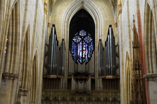 The interior of the largest Protestant church in Germany. It has the world's tallest church tower, Ulm Minster, Germany, Europe, Gothic cathedral inside with a large organ and a colourful stained glass window full of history, Ulm