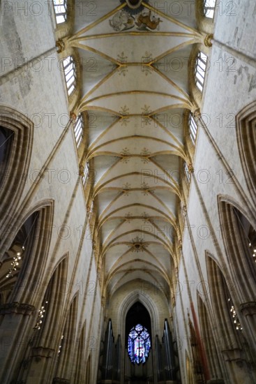 The interior of the largest Protestant church in Germany. It has the world's tallest church tower, Ulm Minster, Germany, Europe, High Gothic nave with decorative ceiling patterns and windows, Ulm