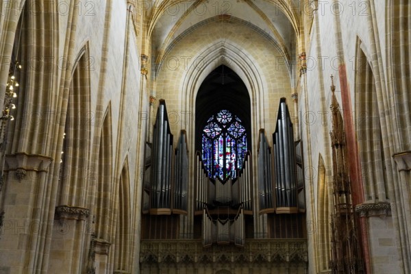 The interior of the largest Protestant church in Germany. It has the world's highest church tower, Ulm Minster, Germany, Europe, Impressive Gothic cathedral with a large organ and stained glass windows in a majestic setting, Ulm