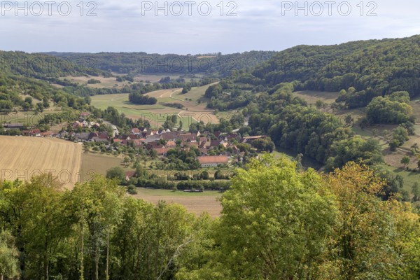 Aerial view showing a village named Baechlingen near Langenburg in Hohenlohe, a area in Southern Germany at late summer time