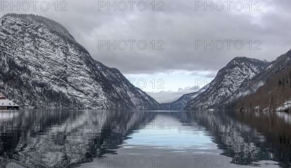 Scenery around a lake named Koenigssee located in the Berchtesgadener Land in Bavaria Germany at winter time