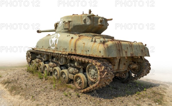 Historic tank at Utah Beach on the Cotentin Peninsula in France, gradient isolated in white back