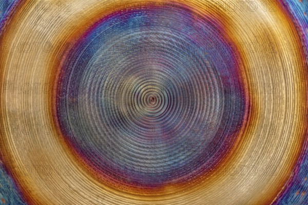 Full frame abstract closeup shot of a colorful metallic asian gong