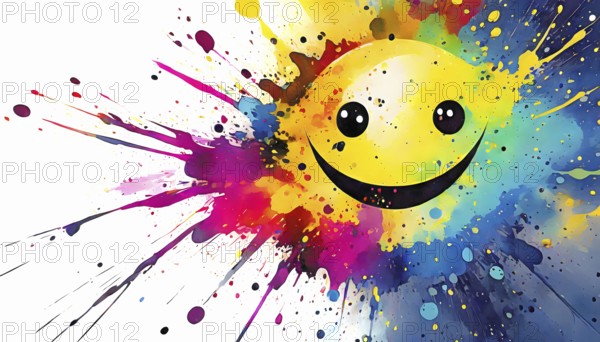 Ideographic theme showing a smiley face in multicolored vibrant splashy ambiance. AI generated image with lots of paint splashes, splatter and spots