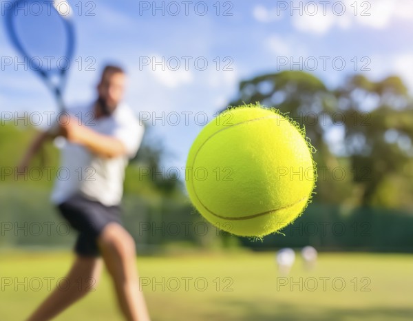 AI generated image showing a flying tennis ball closeup and player in court ambiance