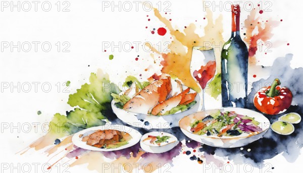AI generated image showing hearty dishes in light back, watercolor style with splashes and spots