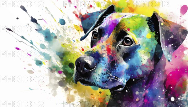 Pet theme showing the portrait of a dog in multicolored vibrant splashy ambiance. AI generated image with lots of paint splashes, splatter and spots
