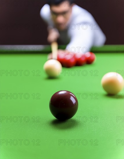 AI generated image showing a billiards table closeup with player and balls