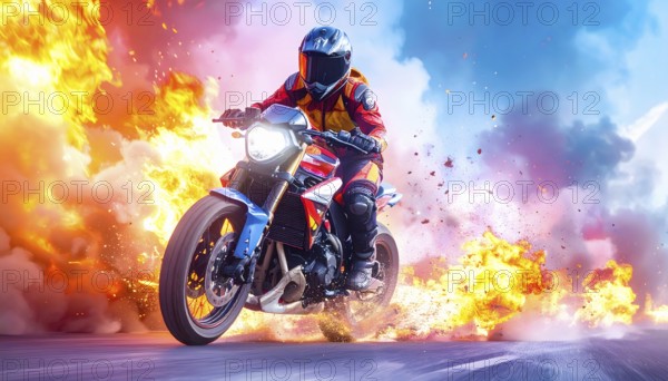 Ai generated image showing a driving motorcyclist on the road surrounded by fire and smoke