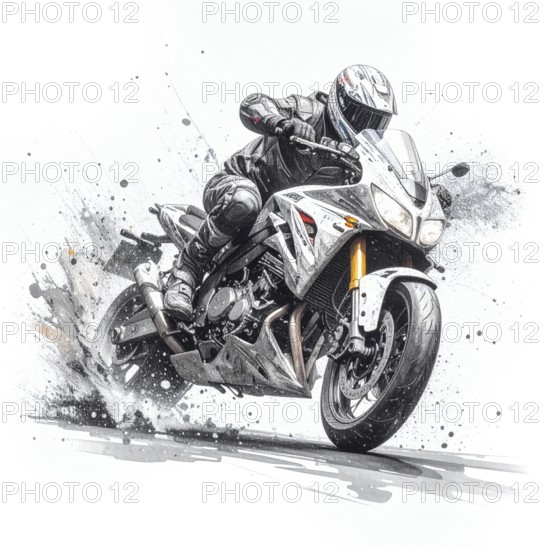 AI generated illustration of a motorcyclist in racing ambiance, with splashes, splatter and spots
