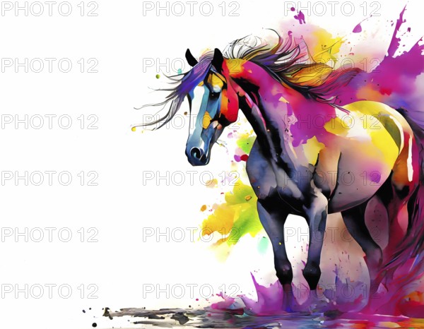 Animal and riding theme showing a horse in multicolored vibrant splashy ambiance. AI generated image with lots of paint splashes, splatter and spots