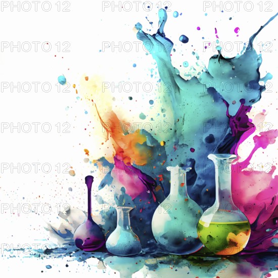 Science theme showing laboratory glassware in multicolored vibrant splashy ambiance. AI generated image with lots of paint splashes, splatter and spots