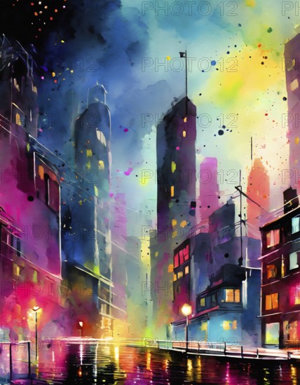 AI generated image showing the colorful illuminated impression of a big city at evening time, watercolor style with splashes and spots
