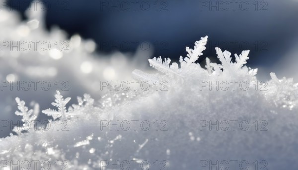 AI generated closeup image showing snow crystals in sunny ambiance