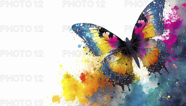 Beauty and animal theme showing a butterfly in multicolored vibrant splashy ambiance. AI generated image with lots of paint splashes, splatter and spots