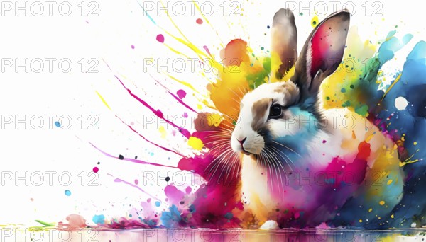 Pet and animal theme showing a rabbit in multicolored vibrant splashy ambiance. AI generated image with lots of paint splashes, splatter and spots