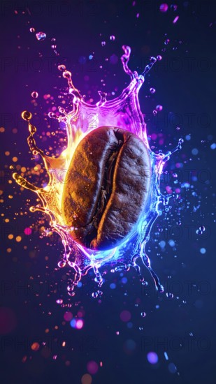 Coffee bean in flashy ambiance. AI illustration with light effects and liquid splashes, AI generated