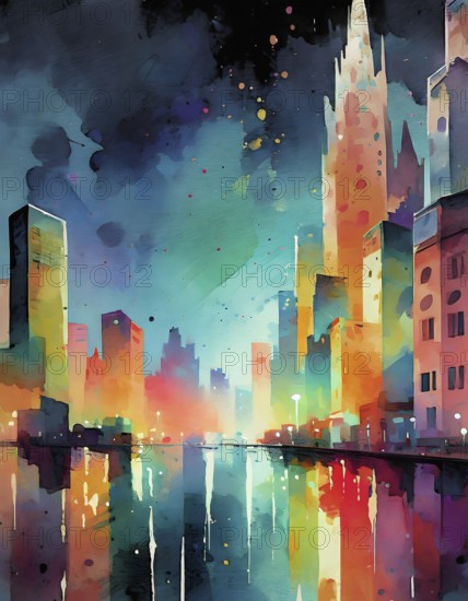 AI generated image showing the colorful waterside impression of a big city, watercolor style with splashes and spots at evening time