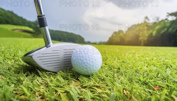 AI generated image showing a golf ball and golf club closeup on a course in sunny ambiance