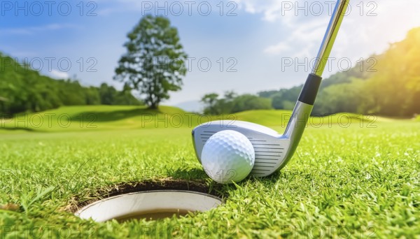 AI generated image showing a golf ball and golf club near hole closeup on a course in sunny ambiance